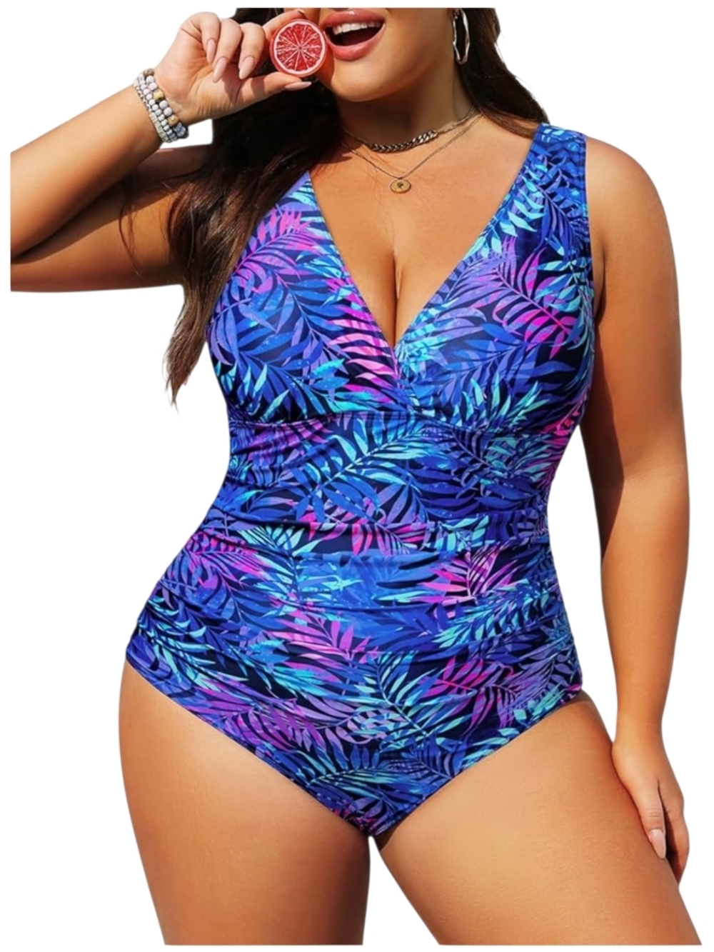 AQUA EVE - 20W Women's Plus Tropical Ruched One-Piece Swimsuit - Blue/Purple - Picture 2 of 8